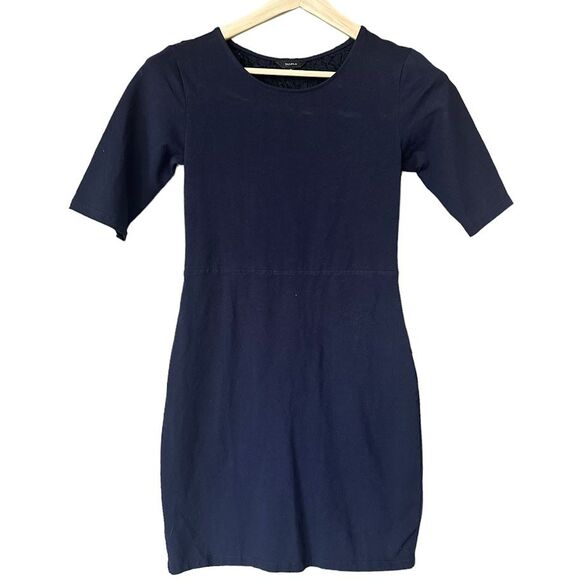 Aritzia Talula Navy Blue Lace Open Back 3/4 Sleeve Stretch Knee‎ Length Dress M - Picture 1 of 4